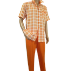 Men 2pc Walking Leisure Suit Short Sleeves DREAMS Checker 282 - 18 Orange - J.Valintin Men's Wear Legend - 282 - 18 Orange - M