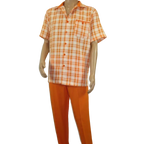 Men 2pc Walking Leisure Suit Short Sleeves DREAMS Checker 282 - 18 Orange - J.Valintin Men's Wear Legend - 282 - 18 Orange - M