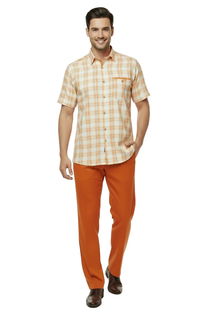 Men 2pc Walking Leisure Suit Short Sleeves DREAMS Checker 282-18 Orange