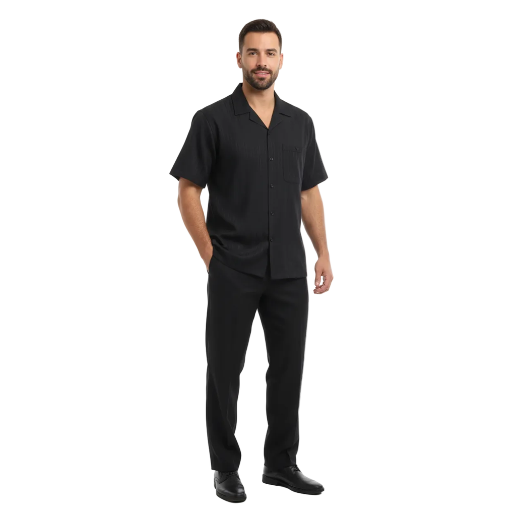 Men 2pc Walking Leisure Suit Short Sleeves DREAMS Plaid Satin 253-00 Black