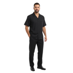 Men 2pc Walking Leisure Suit Short Sleeves DREAMS Plaid Satin 253-00 Black