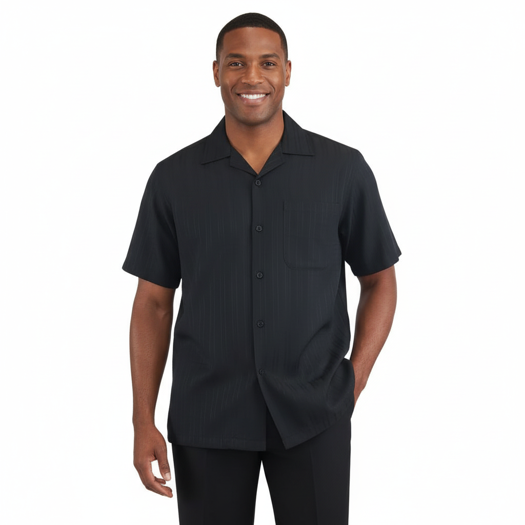 Men 2pc Walking Leisure Suit Short Sleeves DREAMS Plaid Satin 253-00 Black