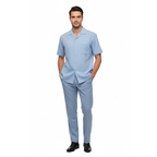 Men 2pc Walking Leisure Suit Short Sleeves DREAMS Plaid Satin 253-11 Ocean Blue