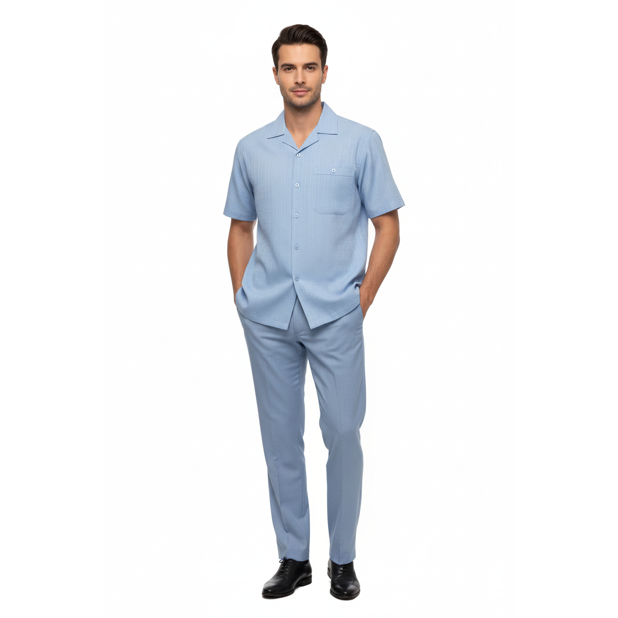 Men 2pc Walking Leisure Suit Short Sleeves DREAMS Plaid Satin 253-11 Ocean Blue