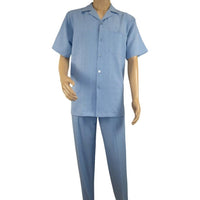 Men 2pc Walking Leisure Suit Short Sleeves DREAMS Plaid Satin 253 - 11 Ocean Blue - J.Valintin Men's Wear Legend - 253 - 11 Ocean - M