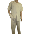 Men 2pc Walking Leisure Suit Short Sleeves DREAMS Plaid Satin 253 - 13 Sand - J.Valintin Men's Wear Legend - 253 - 13 Sand - M