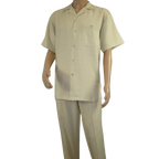 Men 2pc Walking Leisure Suit Short Sleeves DREAMS Plaid Satin 253 - 13 Sand - J.Valintin Men's Wear Legend - 253 - 13 Sand - M