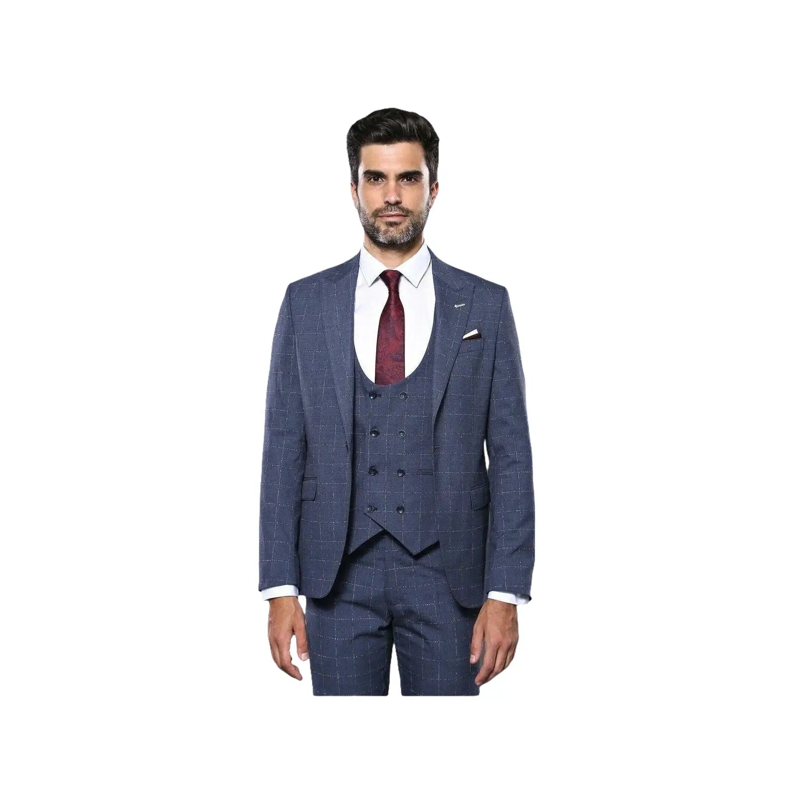 Men 3pc European Suit WESSI by J.VALINTIN Extra Slim Fit JV33 Navy Window Pane - J.Valintin Men's Wear Legend - 16875
