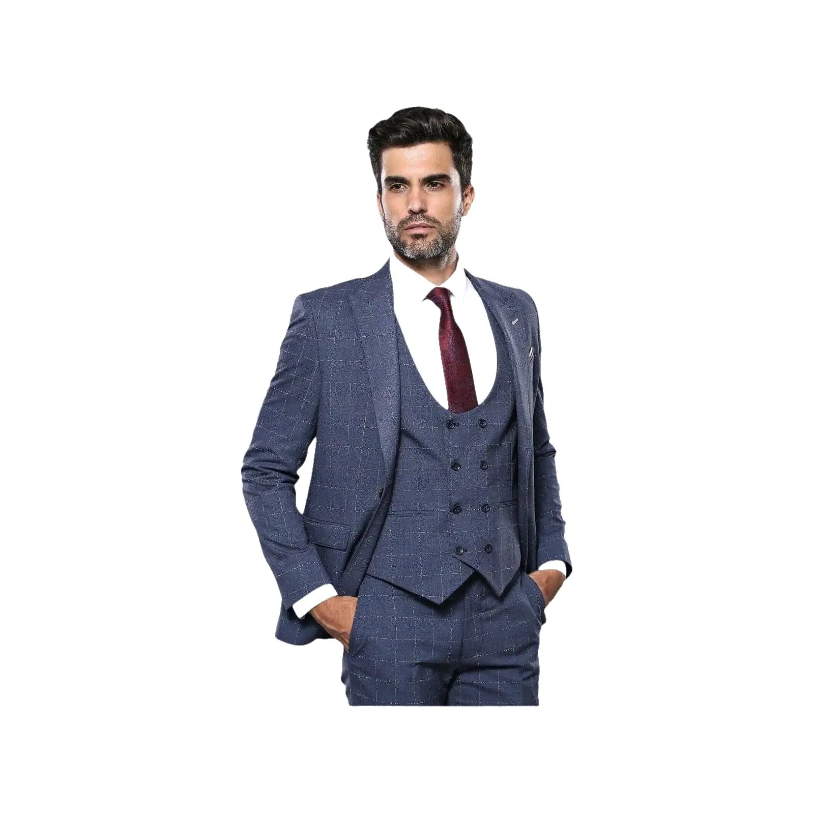 Men 3pc European Suit WESSI by J.VALINTIN Extra Slim Fit JV33 Navy Window Pane - J.Valintin Men's Wear Legend - 16875