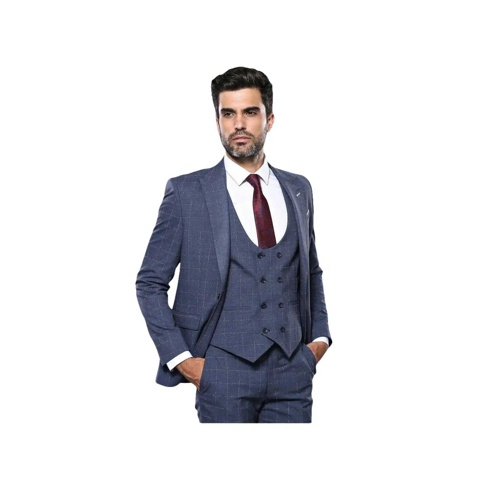 Men 3pc European Suit WESSI by J.VALINTIN Extra Slim Fit JV33 Navy Window Pane - J.Valintin Men's Wear Legend - 16875