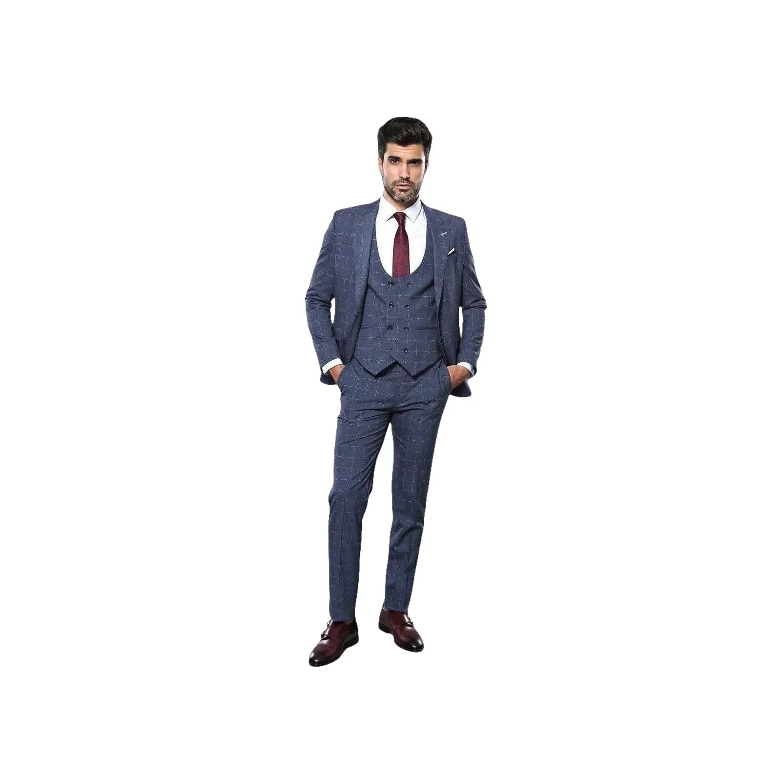 Men 3pc European Suit WESSI by J.VALINTIN Extra Slim Fit JV33 Navy Window Pane - J.Valintin Men's Wear Legend - 16875