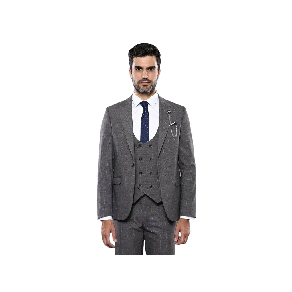 Men 3pc European Suit WESSI by J.VALINTIN Extra Slim Fit JV35 gray Window Pane - J.Valintin Men's Wear Legend - 16887
