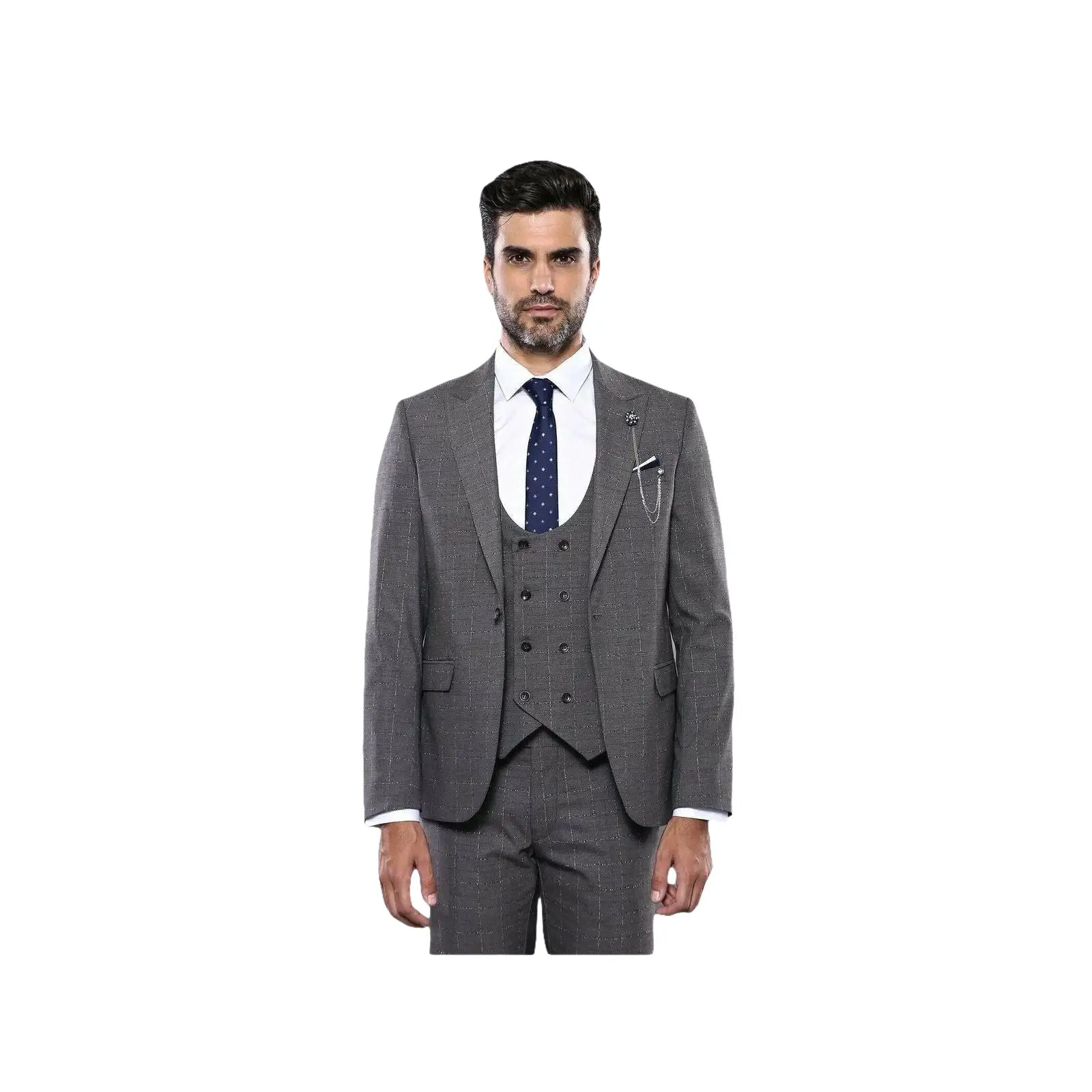Men 3pc European Suit WESSI by J.VALINTIN Extra Slim Fit JV35 gray Window Pane - J.Valintin Men's Wear Legend - 16887