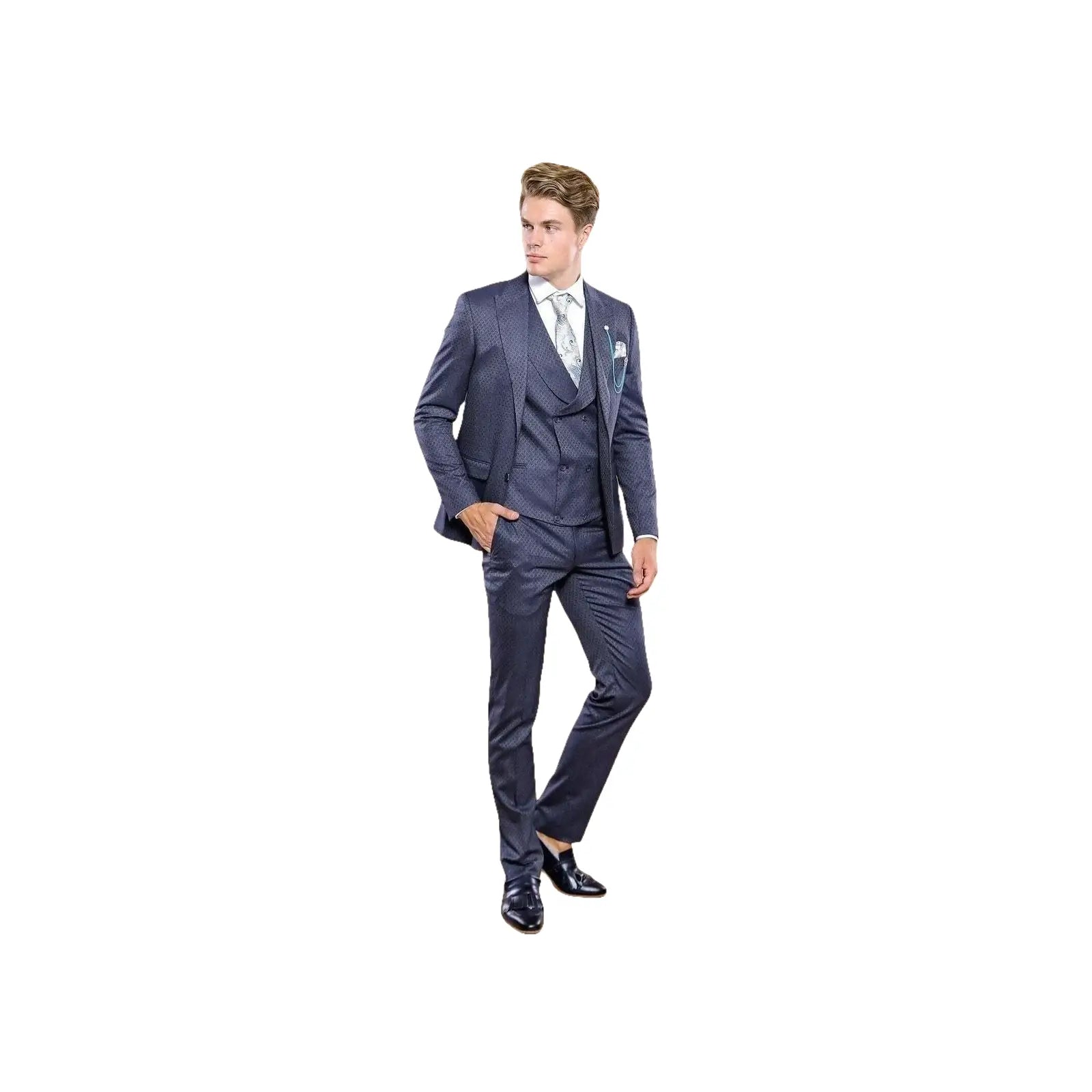 Men 3pc European Vested Suit WESSI by J.VALINTIN Extra Slim Fit JV17 Navy Blue - J.Valintin Men's Wear Legend - 16707