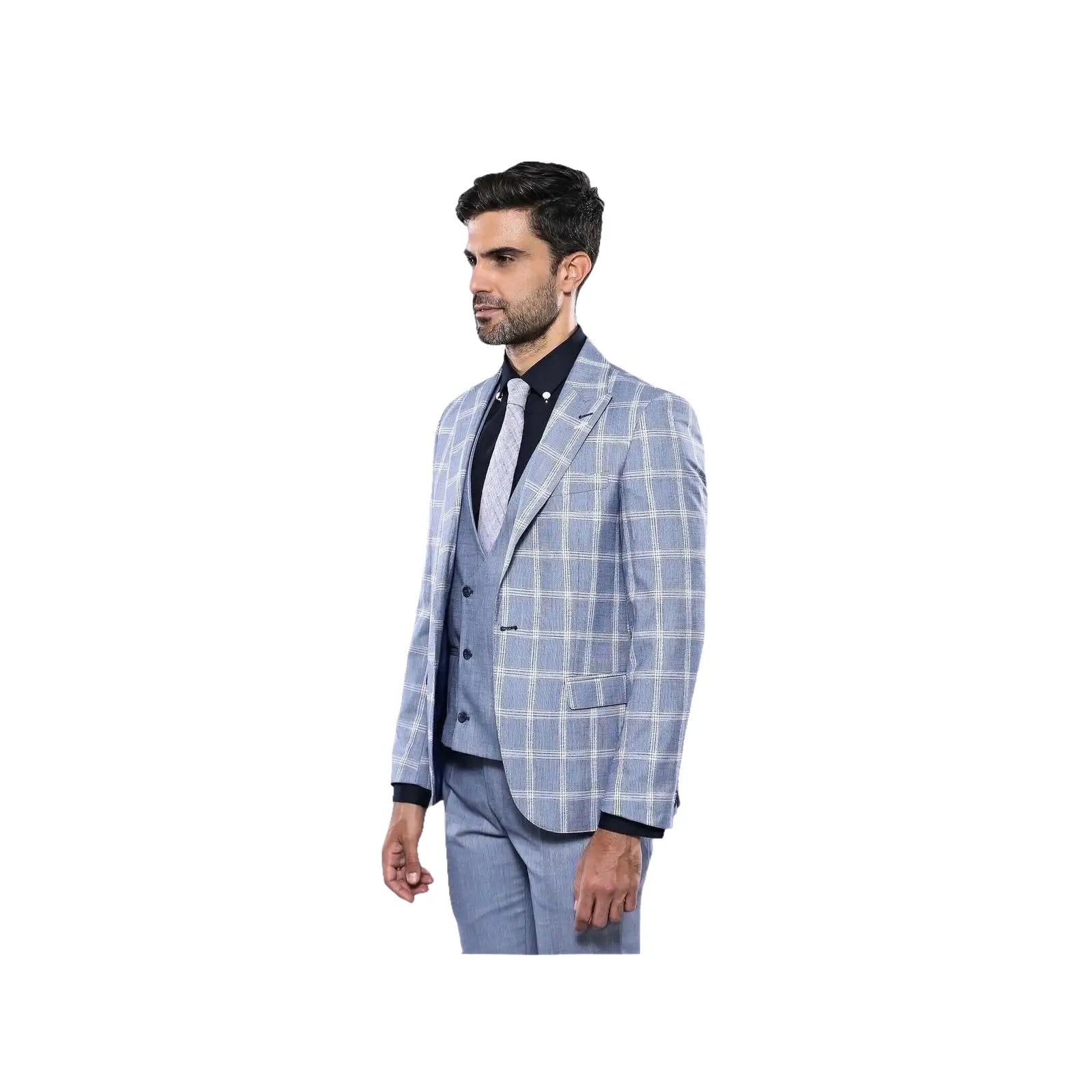 Men 3pc European Vested Suit WESSI by J.VALINTIN Extra Slim Fit JV30 blue plaid - J.Valintin Men's Wear Legend - 16860