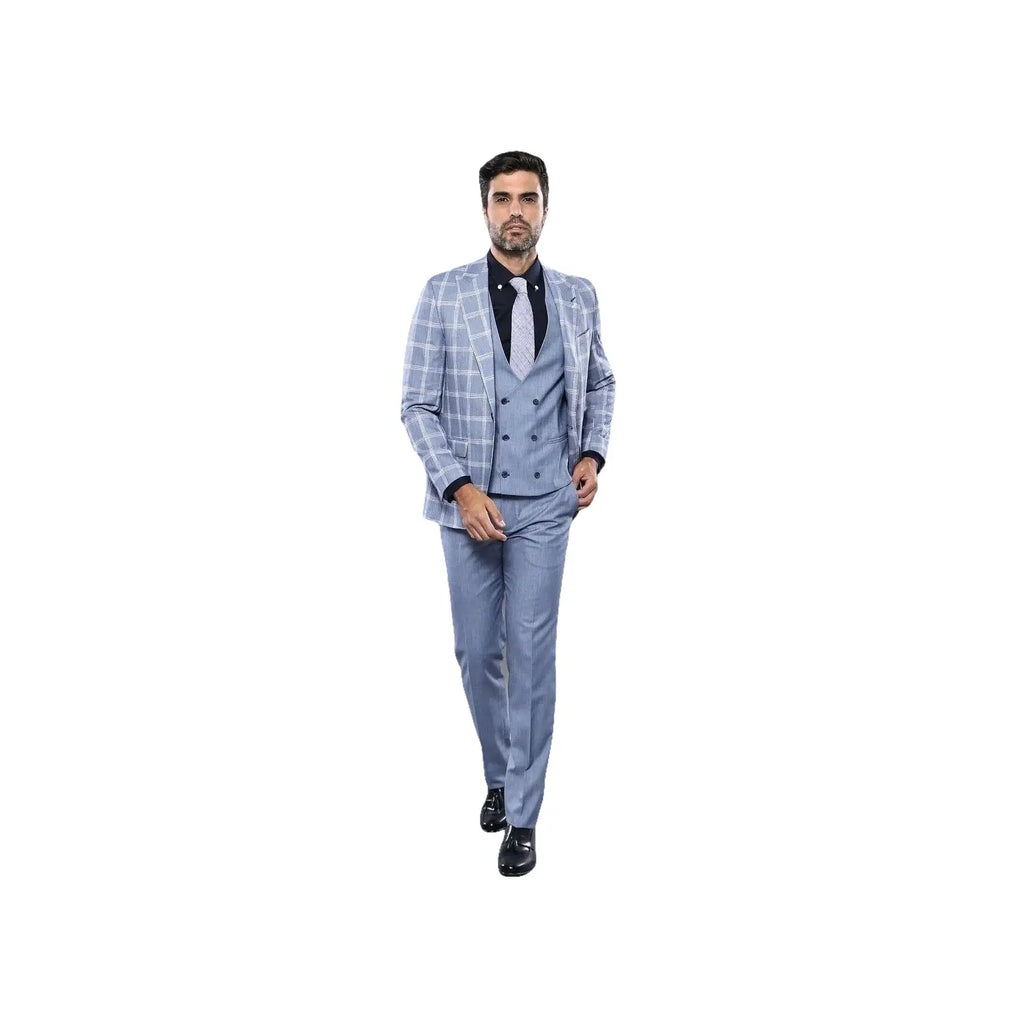 Men 3pc European Vested Suit WESSI by J.VALINTIN Extra Slim Fit JV30 blue plaid - J.Valintin Men's Wear Legend - 16860