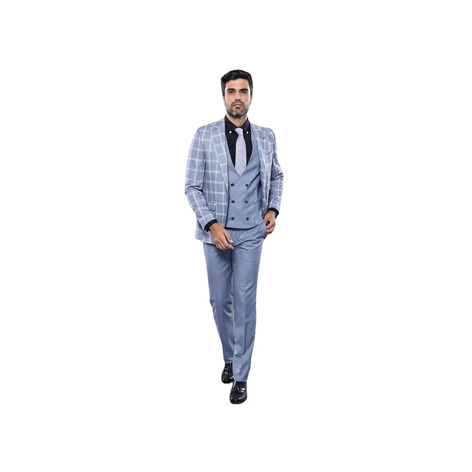 Men 3pc European Vested Suit WESSI by J.VALINTIN Extra Slim Fit JV30 blue plaid - J.Valintin Men's Wear Legend - 16860