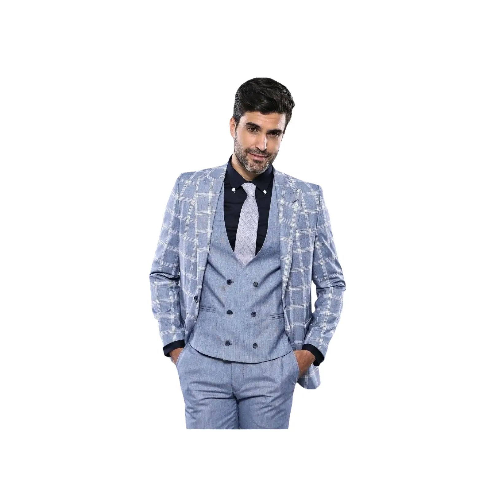 Men 3pc European Vested Suit WESSI by J.VALINTIN Extra Slim Fit JV30 blue plaid - J.Valintin Men's Wear Legend - 16860