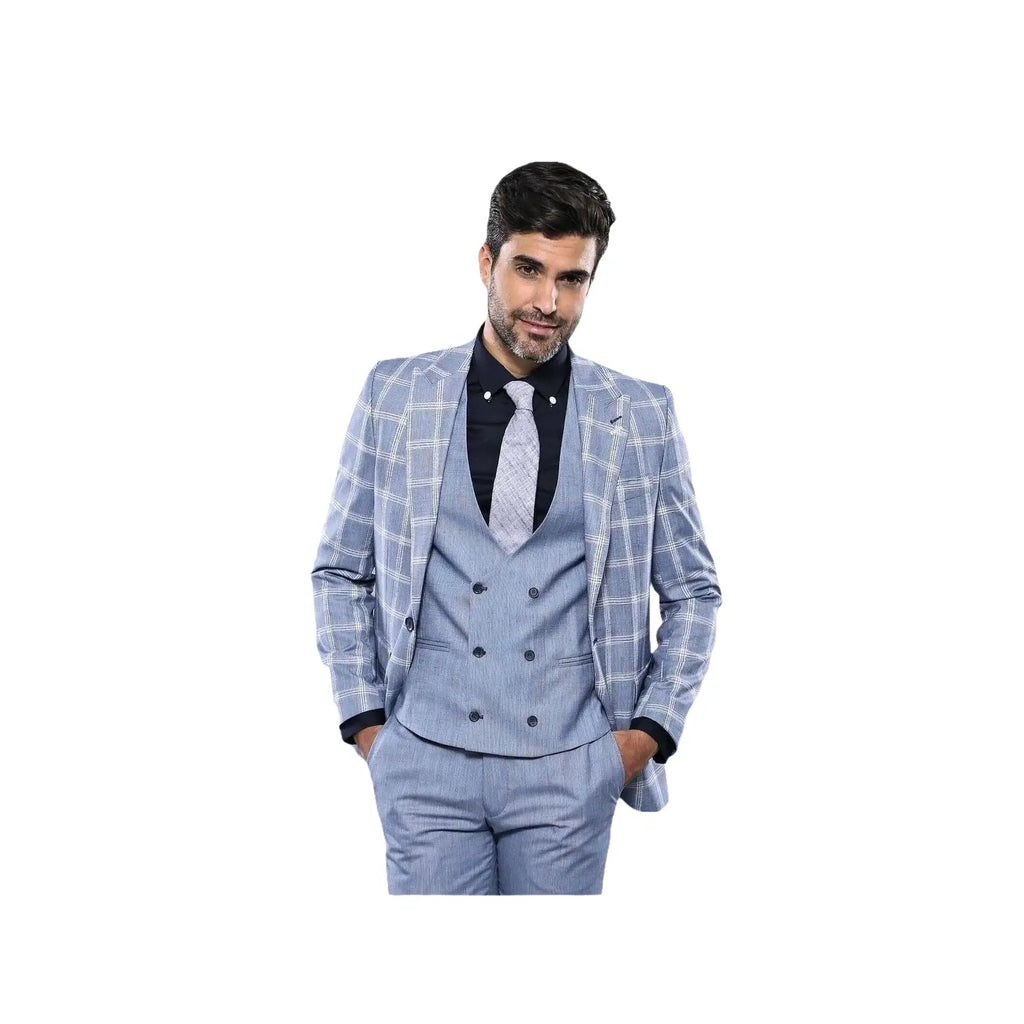 Men 3pc European Vested Suit WESSI by J.VALINTIN Extra Slim Fit JV30 blue plaid - J.Valintin Men's Wear Legend - 16860