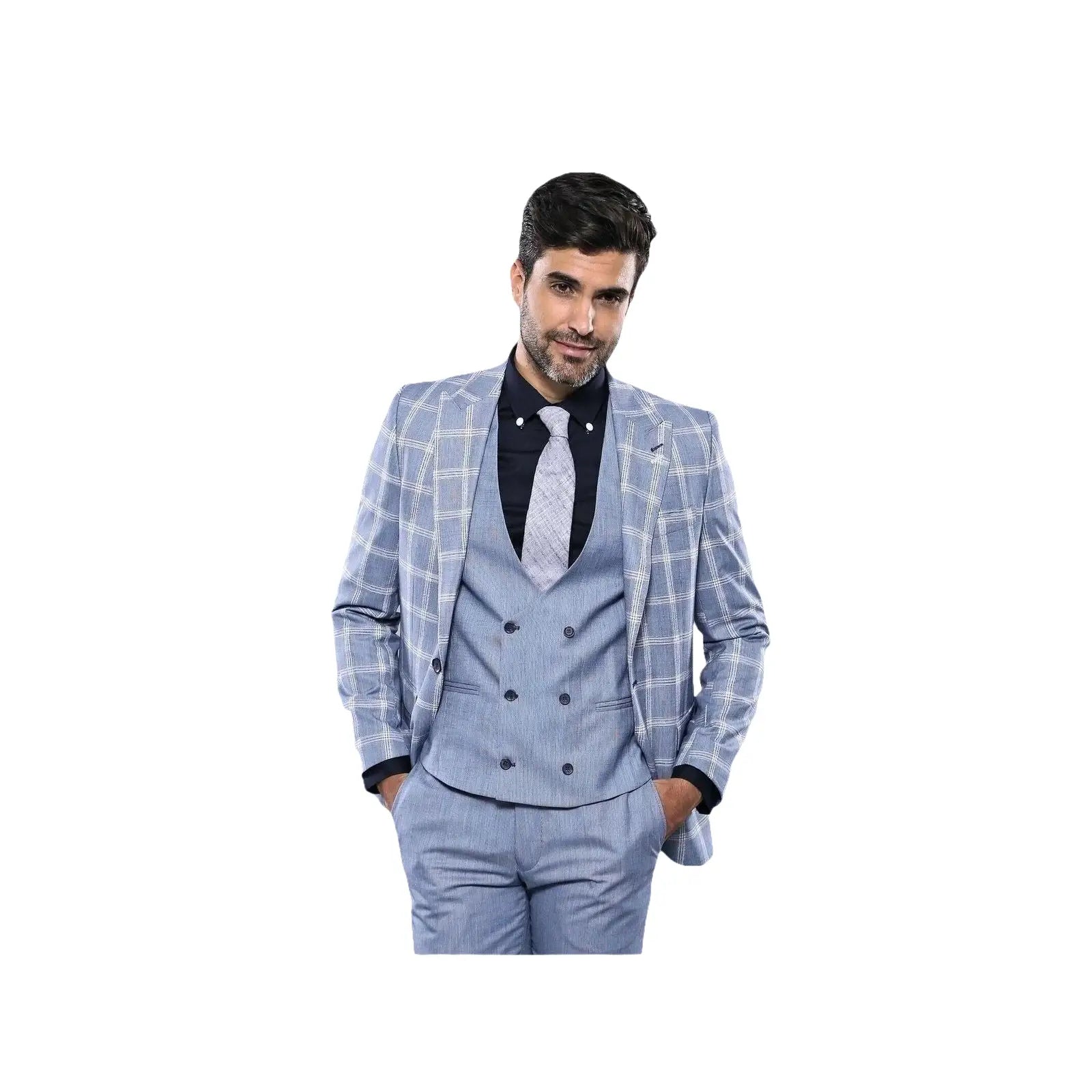 Men 3pc European Vested Suit WESSI by J.VALINTIN Extra Slim Fit JV30 blue plaid - J.Valintin Men's Wear Legend - 16860