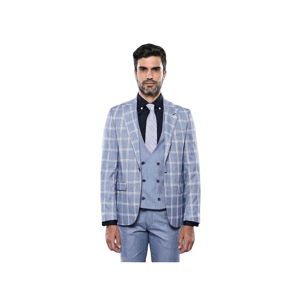 Men 3pc European Vested Suit WESSI by J.VALINTIN Extra Slim Fit JV30 blue plaid - J.Valintin Men's Wear Legend - 16860