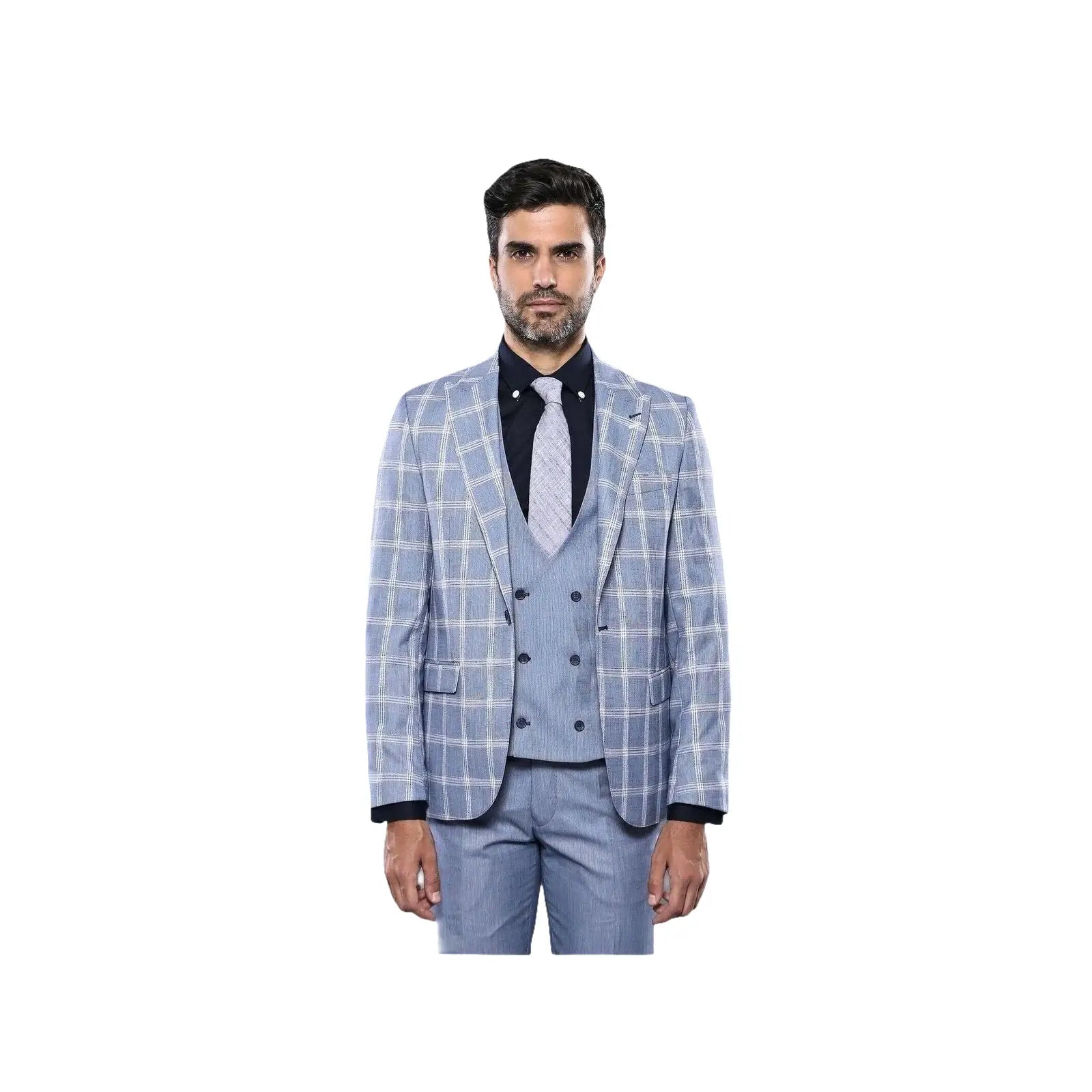 Men 3pc European Vested Suit WESSI by J.VALINTIN Extra Slim Fit JV30 blue plaid - J.Valintin Men's Wear Legend - 16860