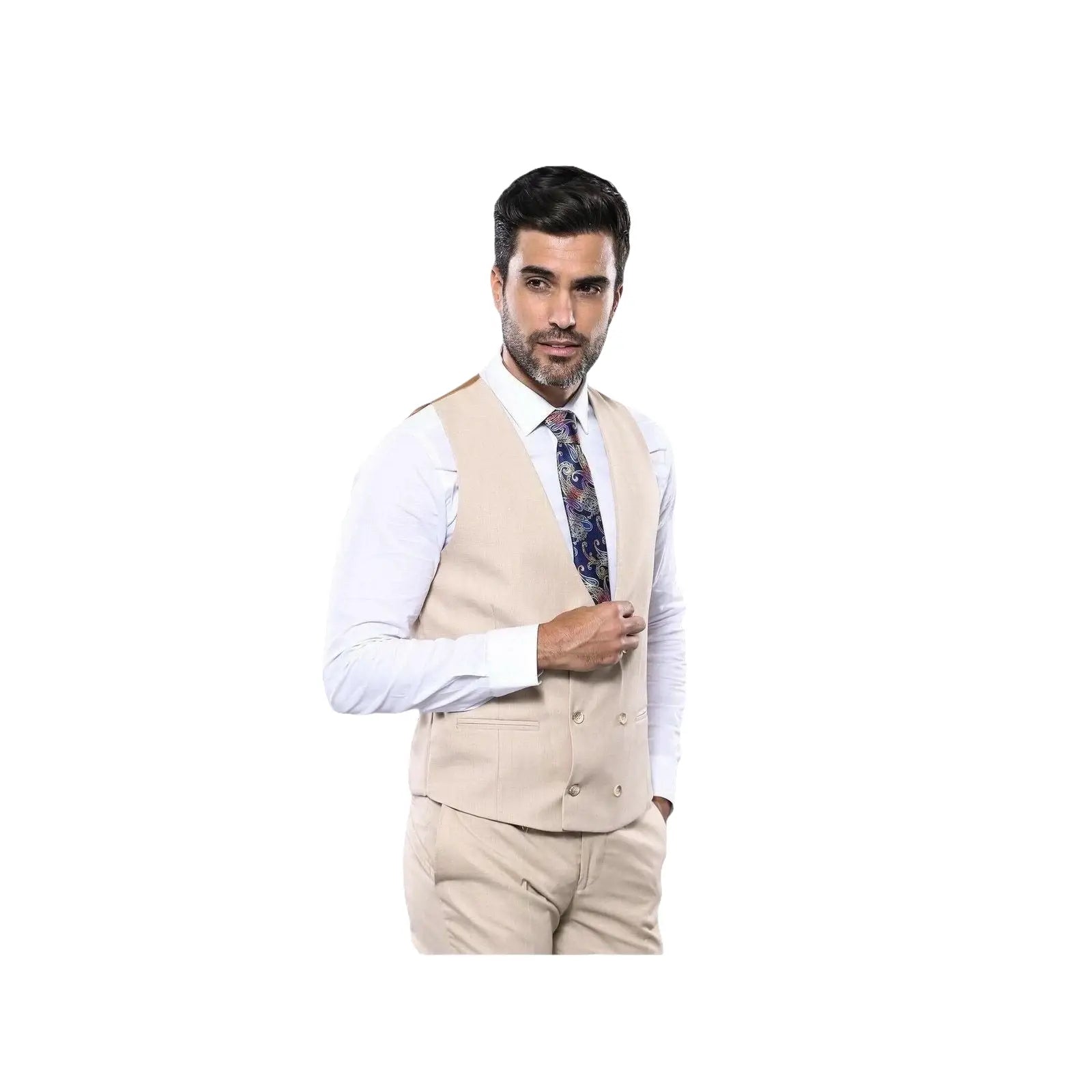 Men 3pc European Vested Suit WESSI by J.VALINTIN Extra Slim Fit JV31 Beige plaid - J.Valintin Men's Wear Legend - 16866