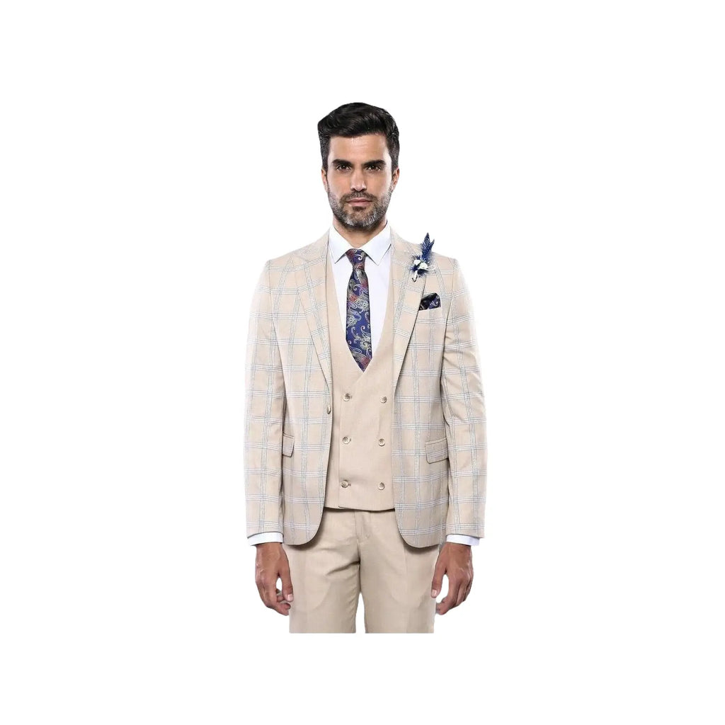 Men 3pc European Vested Suit WESSI by J.VALINTIN Extra Slim Fit JV31 Beige plaid - J.Valintin Men's Wear Legend - 16866
