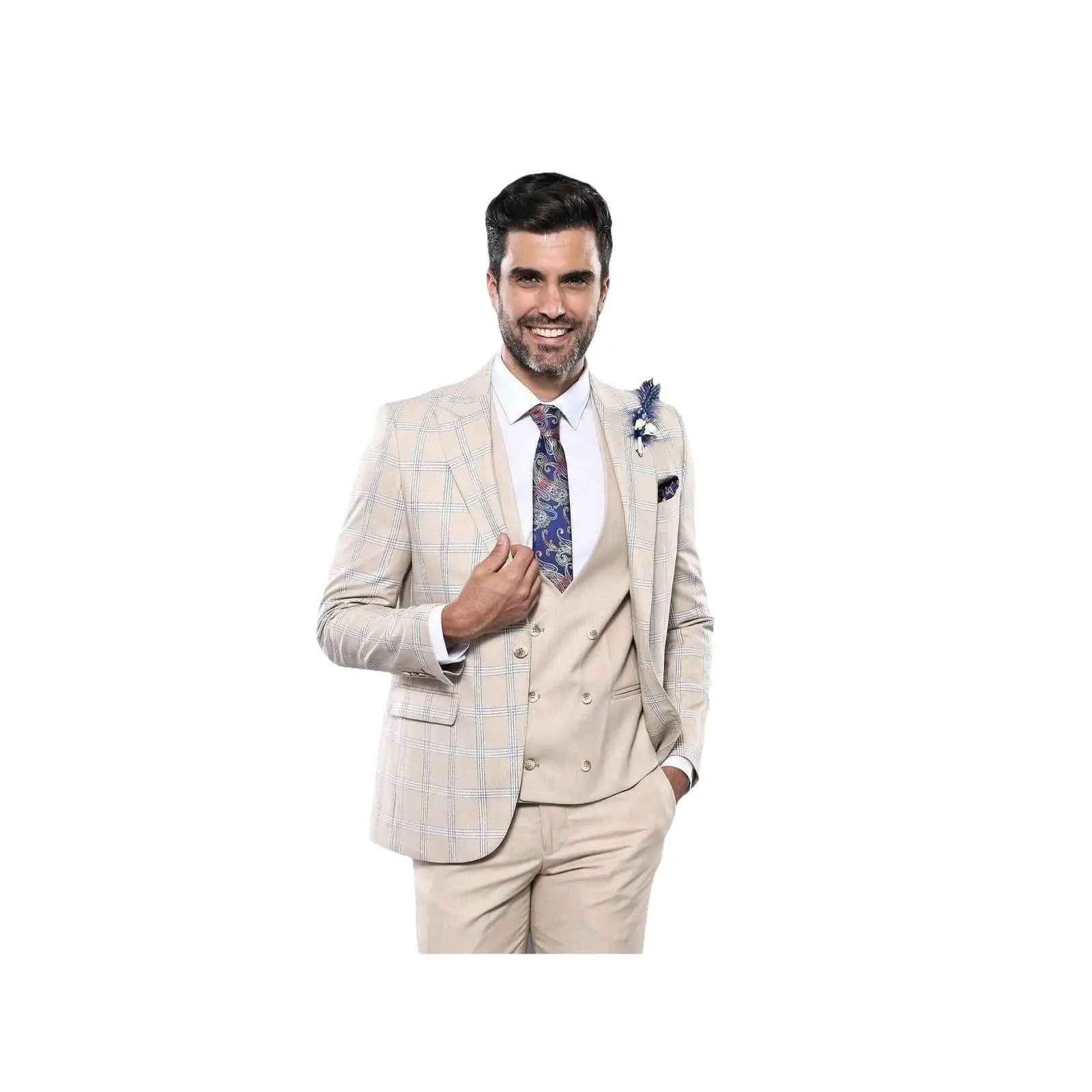 Men 3pc European Vested Suit WESSI by J.VALINTIN Extra Slim Fit JV31 Beige plaid - J.Valintin Men's Wear Legend - 16866