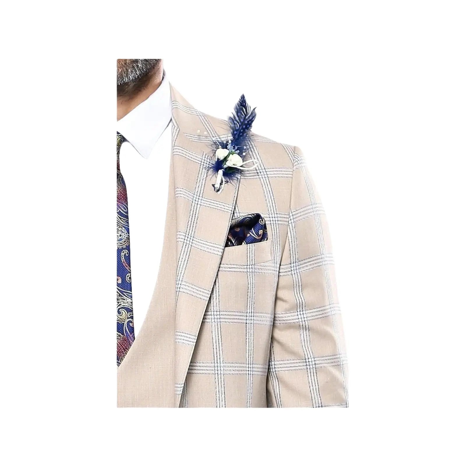 Men 3pc European Vested Suit WESSI by J.VALINTIN Extra Slim Fit JV31 Beige plaid - J.Valintin Men's Wear Legend - 16866