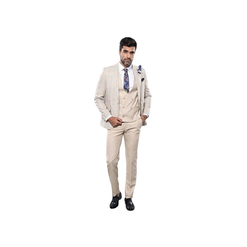 Men 3pc European Vested Suit WESSI by J.VALINTIN Extra Slim Fit JV31 Beige plaid - J.Valintin Men's Wear Legend - 16866