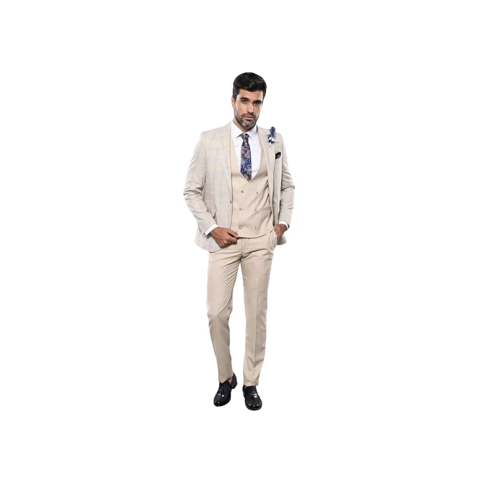Men 3pc European Vested Suit WESSI by J.VALINTIN Extra Slim Fit JV31 Beige plaid - J.Valintin Men's Wear Legend - 16866