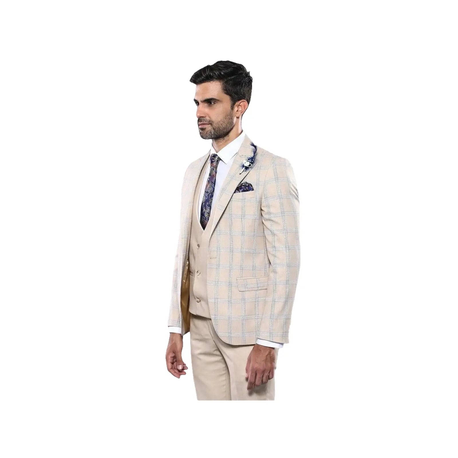 Men 3pc European Vested Suit WESSI by J.VALINTIN Extra Slim Fit JV31 Beige plaid - J.Valintin Men's Wear Legend - 16866