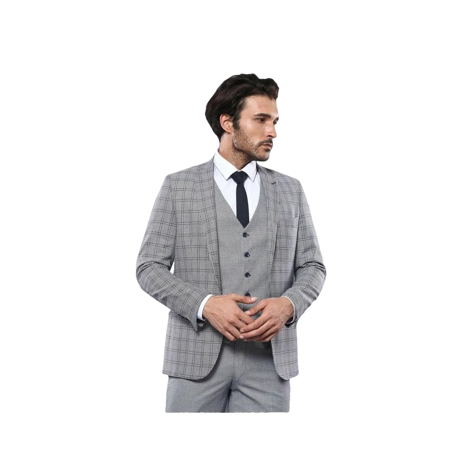 Men 3pc European Vested Suit WESSI by J.VALINTIN Slim Fit JV40 Gray Blue Plaid - J.Valintin Men's Wear Legend - 16916