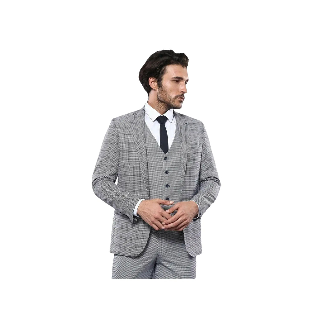 Men 3pc European Vested Suit WESSI by J.VALINTIN Slim Fit JV40 Gray Blue Plaid - J.Valintin Men's Wear Legend - 16916