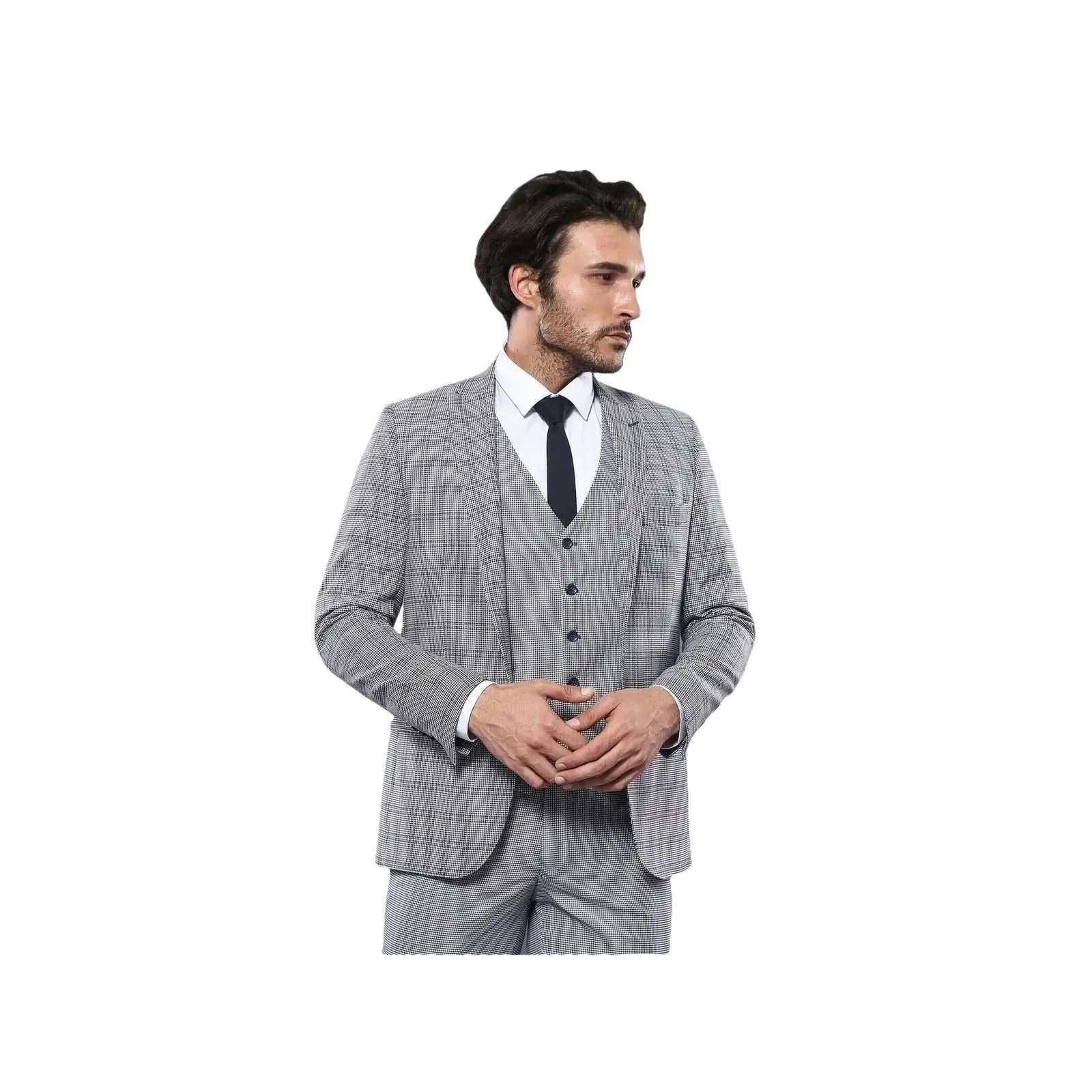 Men 3pc European Vested Suit WESSI by J.VALINTIN Slim Fit JV40 Gray Blue Plaid - J.Valintin Men's Wear Legend - 16916