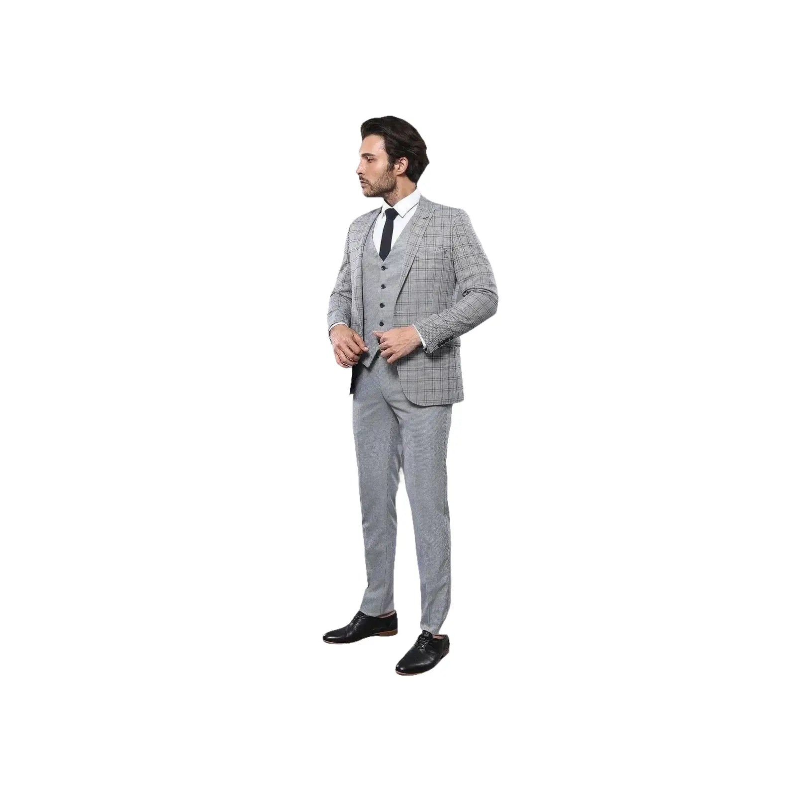 Men 3pc European Vested Suit WESSI by J.VALINTIN Slim Fit JV40 Gray Blue Plaid - J.Valintin Men's Wear Legend - 16916