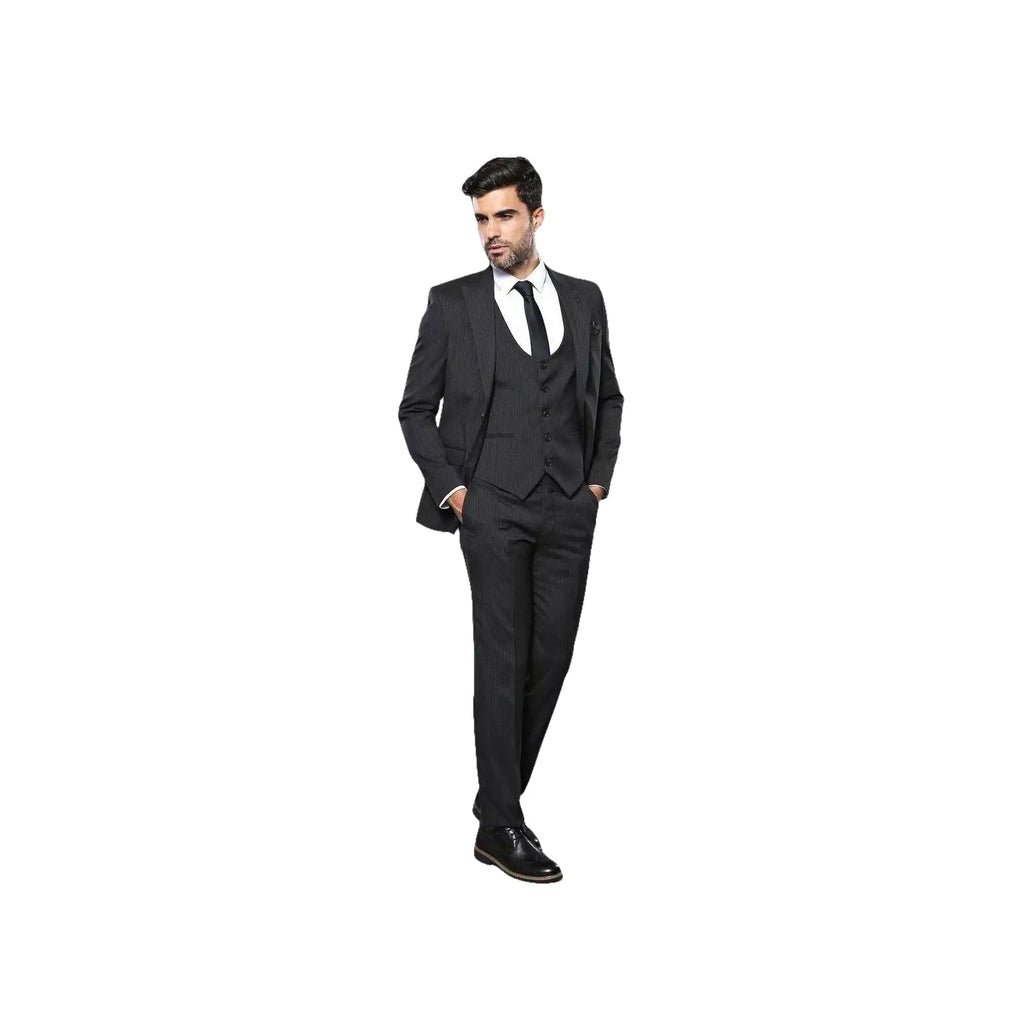 Men 3pc European Vested Suit WESSI J.VALINTIN Extra Slim Fit JV27 Black Stripe - J.Valintin Men's Wear Legend - 16844