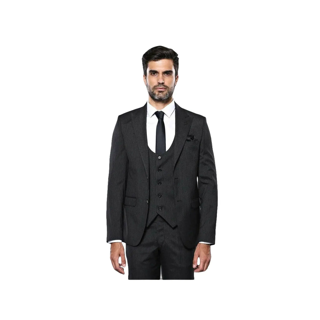 Men 3pc European Vested Suit WESSI J.VALINTIN Extra Slim Fit JV27 Black Stripe - J.Valintin Men's Wear Legend - 16844