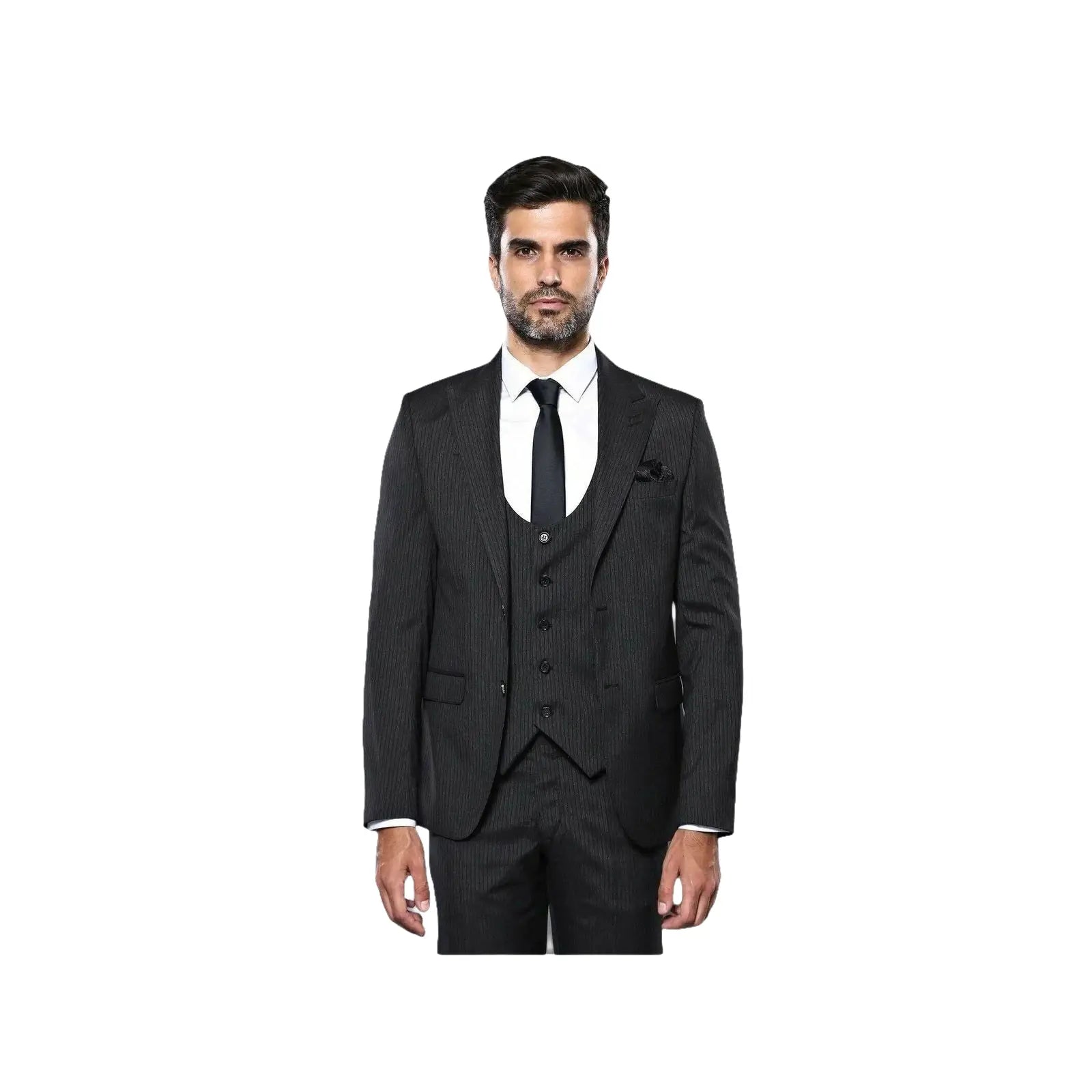 Men 3pc European Vested Suit WESSI J.VALINTIN Extra Slim Fit JV27 Black Stripe - J.Valintin Men's Wear Legend - 16844