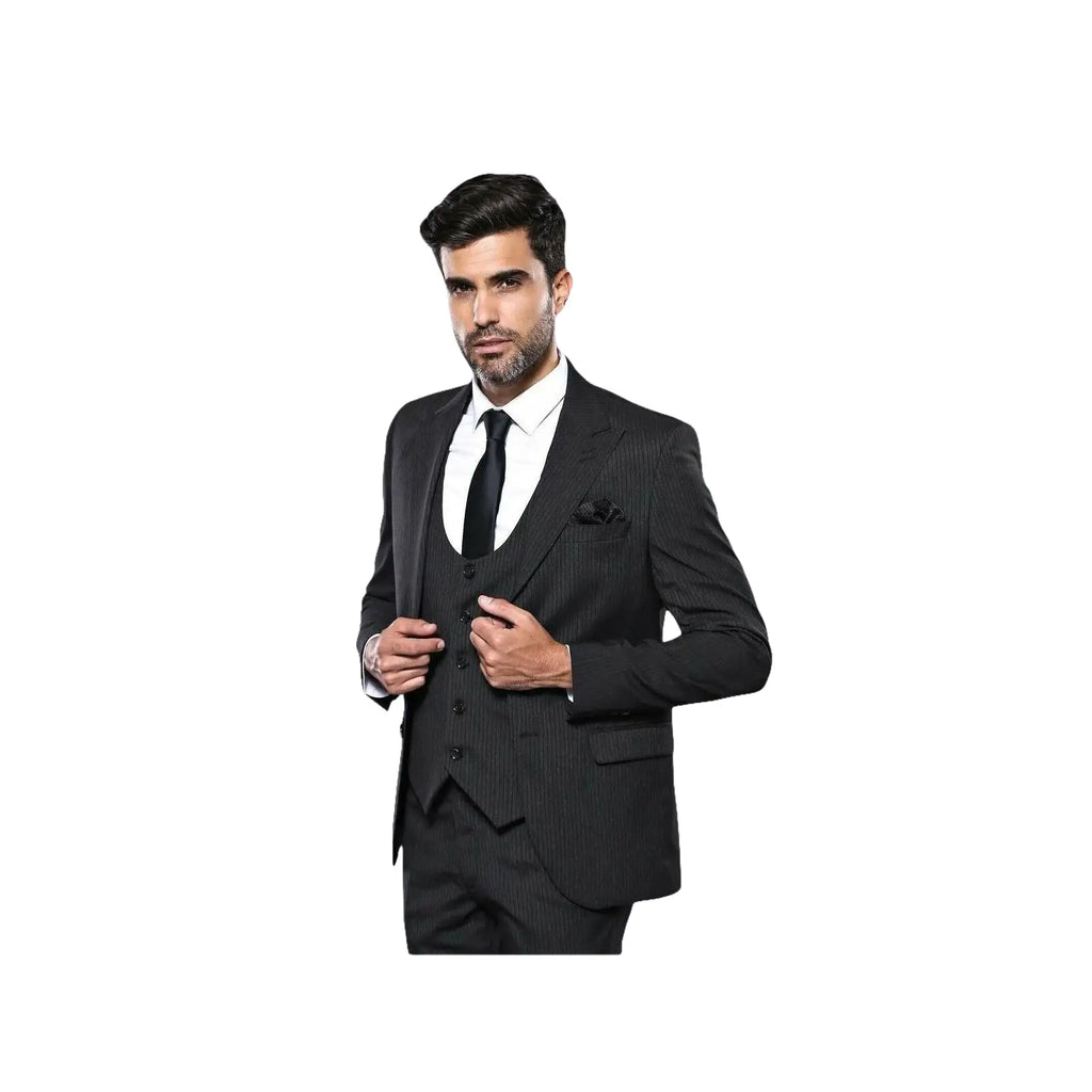 Men 3pc European Vested Suit WESSI J.VALINTIN Extra Slim Fit JV27 Black Stripe - J.Valintin Men's Wear Legend - 16844