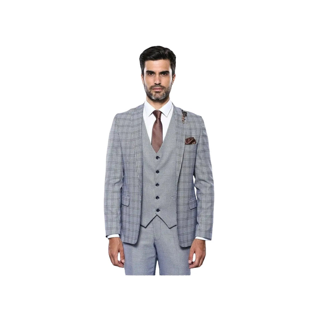 Men 3pc Vest Suit WESSI by J.VALINTIN Extra Slim Fit JV42 Blue Plaid TURKEY USA - J.Valintin Men's Wear Legend - 16928