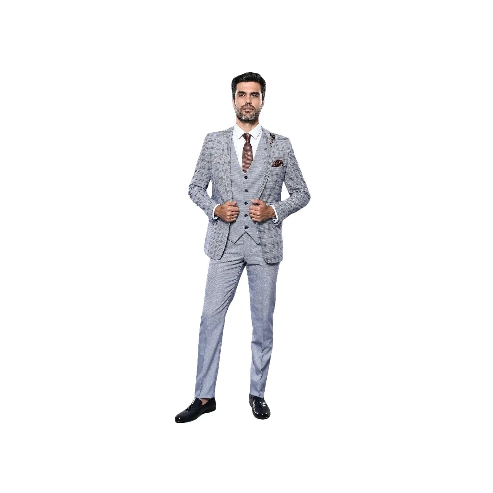 Men 3pc Vest Suit WESSI by J.VALINTIN Extra Slim Fit JV42 Blue Plaid TURKEY USA - J.Valintin Men's Wear Legend - 16928