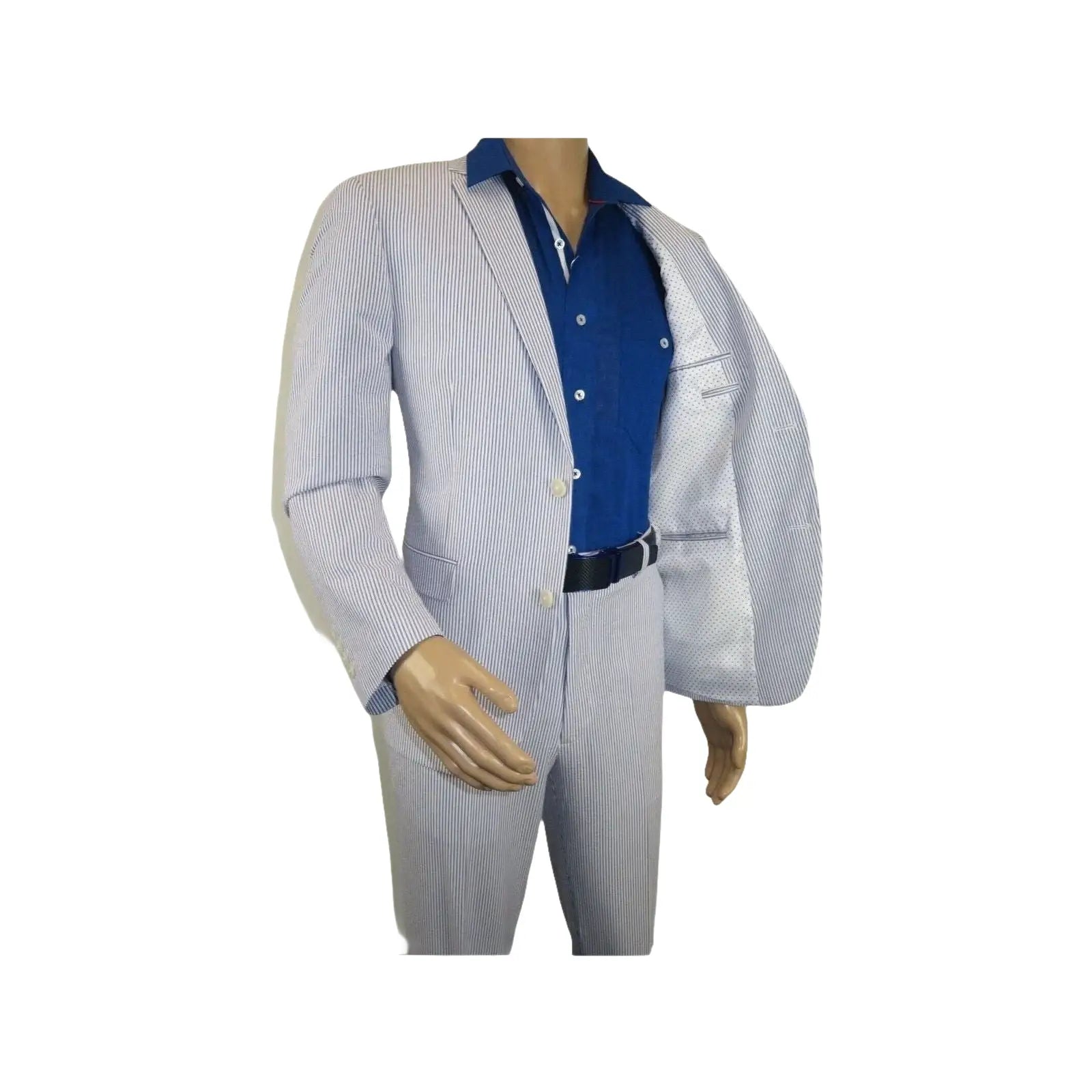 Men ADOLFO Seersucker Suit Stripe Casual Dressy Summer Suit 2 Button C622 Blue - J.Valintin Men's Wear Legend - 108748