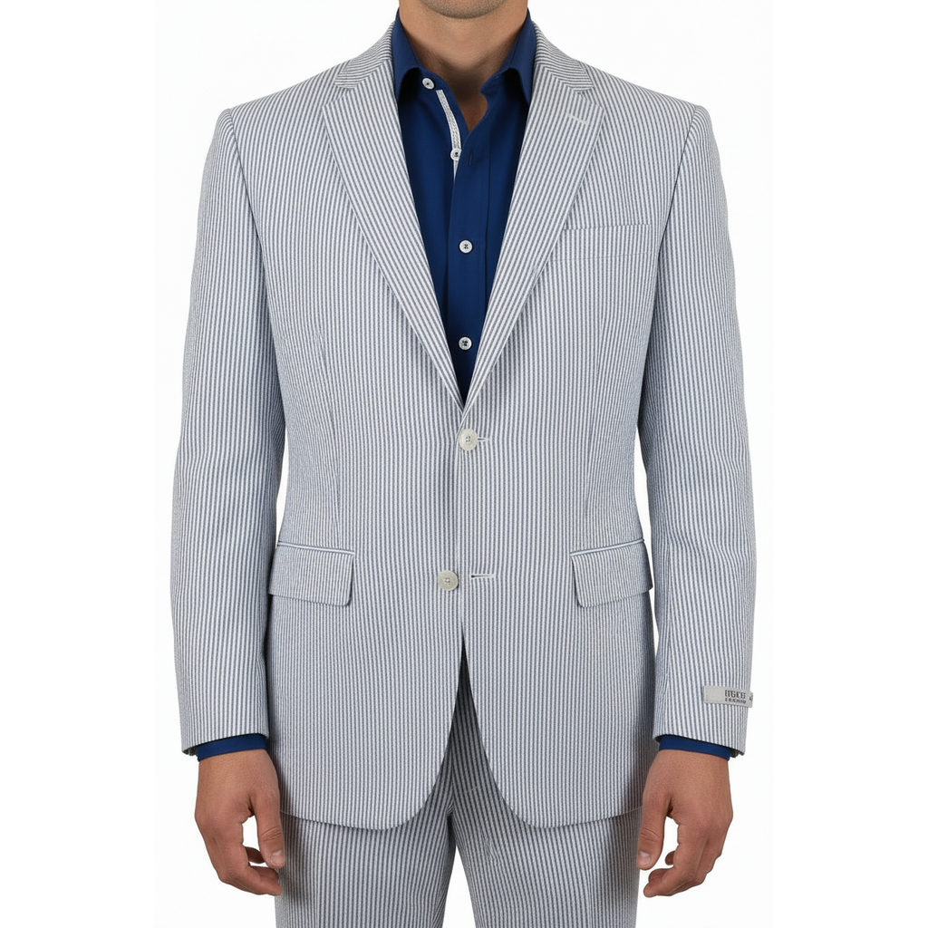 Men ADOLFO Seersucker Suit Stripe Casual Dressy Summer Suit 2 Button C622 Blue
