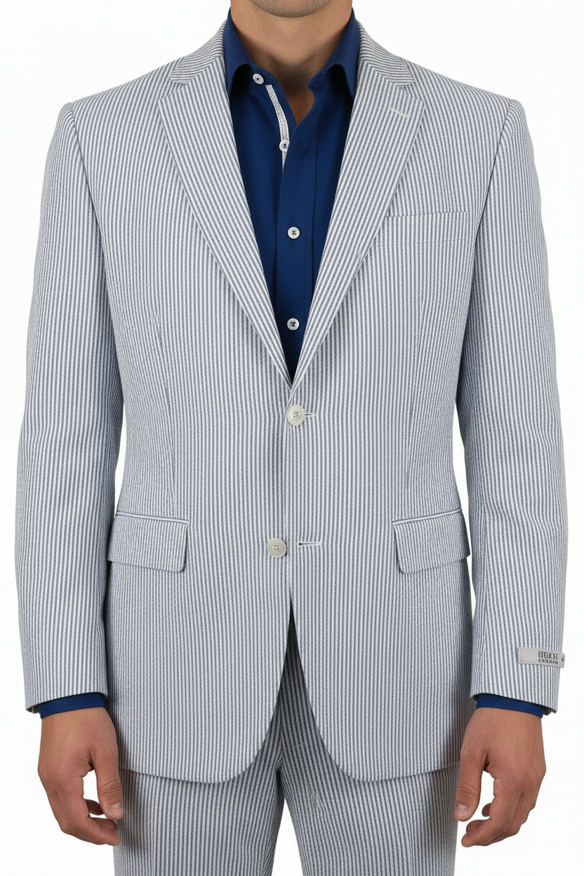 Men ADOLFO Seersucker Suit Stripe Casual Dressy Summer Suit 2 Button C622 Blue