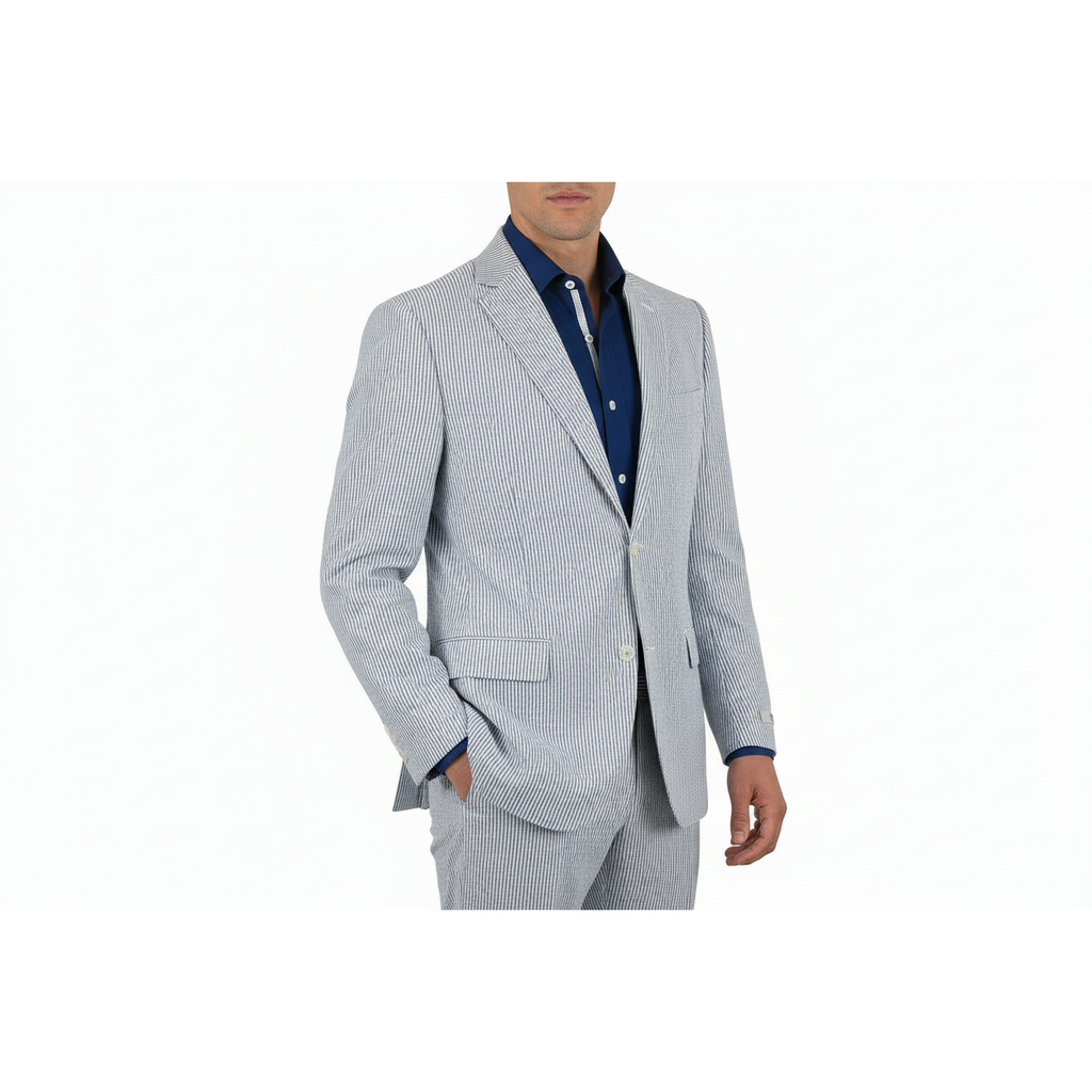Men ADOLFO Seersucker Suit Stripe Casual Dressy Summer Suit 2 Button C622 Blue