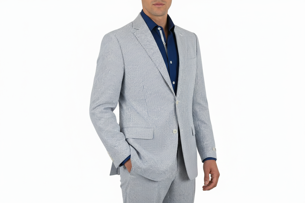 Men ADOLFO Seersucker Suit Stripe Casual Dressy Summer Suit 2 Button C622 Blue