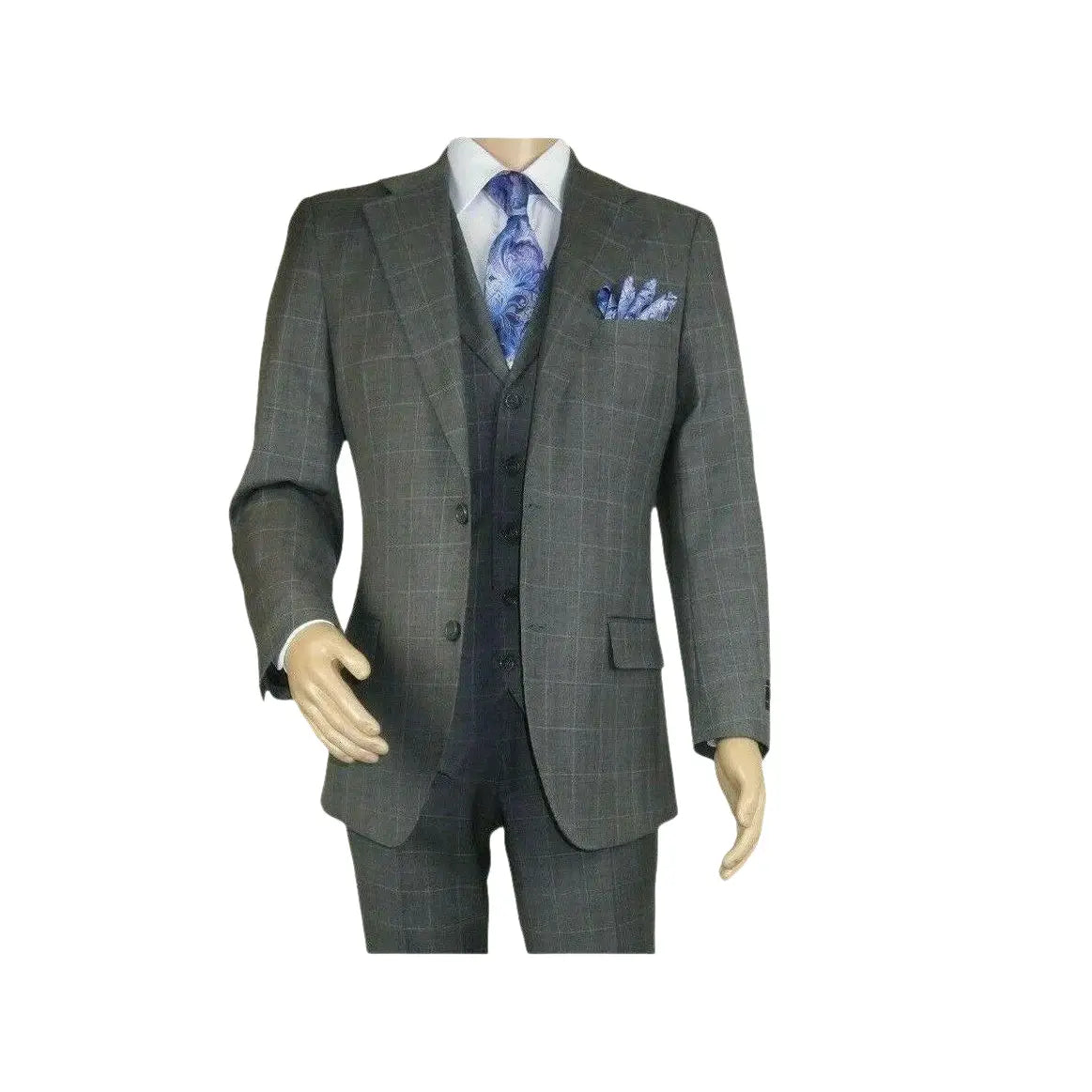 Men Apollo King 3pc Classic Suit A303 Gray white window pane 100% Wool Ship free - J.Valintin Men's Wear Legend - 21458