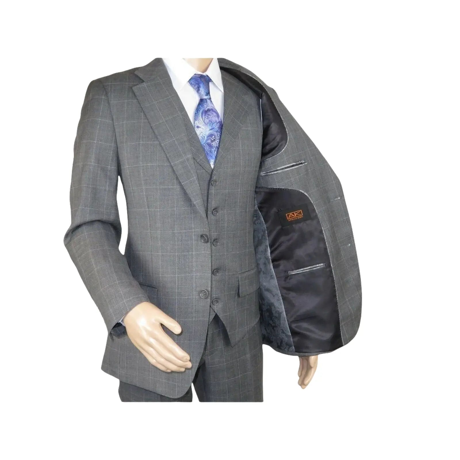 Men Apollo King 3pc Classic Suit A303 Gray white window pane 100% Wool Ship free - J.Valintin Men's Wear Legend - 21458